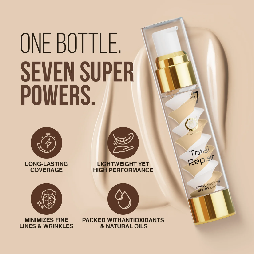 COLORS QUEEN Total Repair 7-in-1 Foundation | CC Cream + Primer + Concealer + Sunblock SPF 30 + Moisturizer + Anti-Aging + Anti-Shine