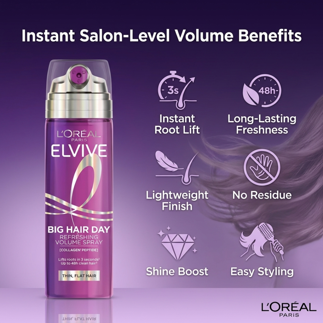 L'Oréal Paris Elvive 3 Second Volume Spray – Instant Root Volume Boost – Lifts, Refreshes & Revives Thin, Flat Hair in 3 Seconds – With Collagen Peptides – Up to 48H Freshness – No Residue, Lightweight
