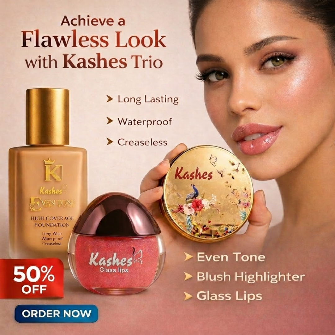 Kashe's Flawless Look Trio Bundle | High Coverage Foundation, Blush Highlighter & Glass Lips | Waterproof & Long-Lasting