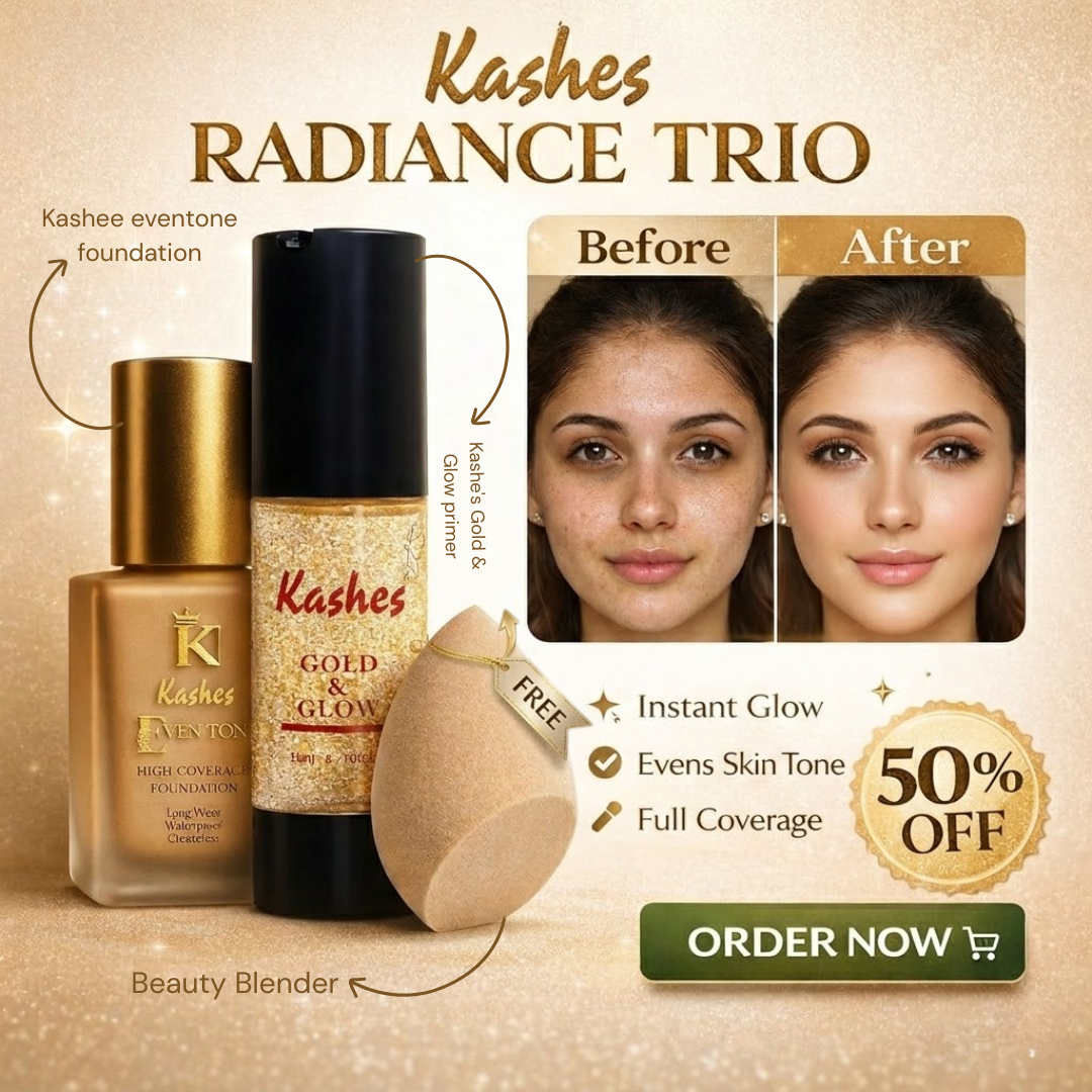 Kashes Radiance Trio Bundle | Full Coverage Foundation, 24K Gold Primer & Free Beauty Blender | Instant Glow