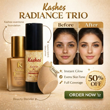 Kashes Radiance Trio Bundle | Full Coverage Foundation, 24K Gold Primer & Free Beauty Blender | Instant Glow