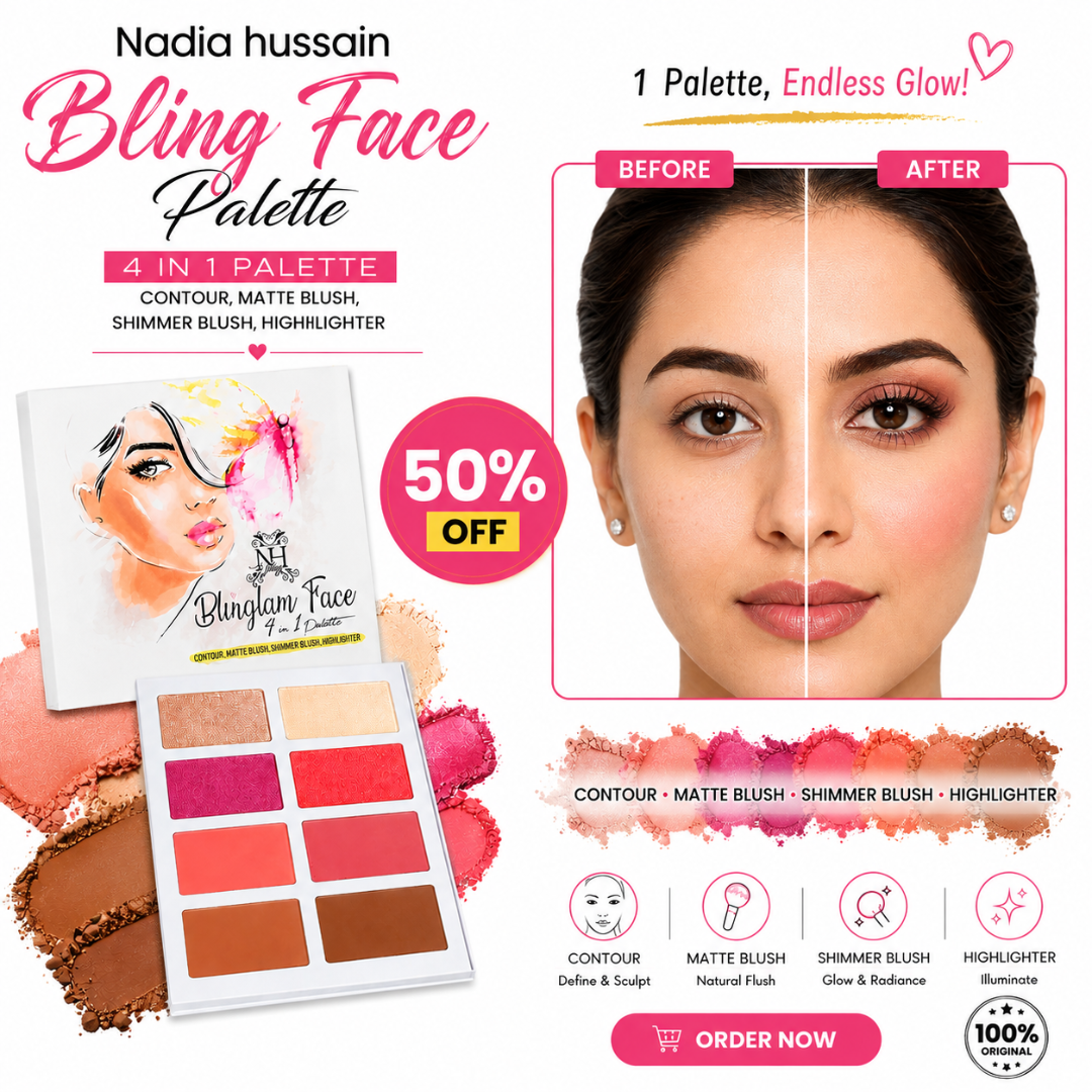 Nadia Hussain Bling Face Palette – 4-in-1 Contour, Matte Blush, Shimmer Blush & Highlighter – One Palette, Endless Glow – Rich Pigment, Soft & Blendable – Multi-Use for Eyes, Cheeks & Lips