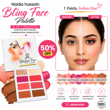 Nadia Hussain Bling Face Palette – 4-in-1 Contour, Matte Blush, Shimmer Blush & Highlighter – One Palette, Endless Glow – Rich Pigment, Soft & Blendable – Multi-Use for Eyes, Cheeks & Lips