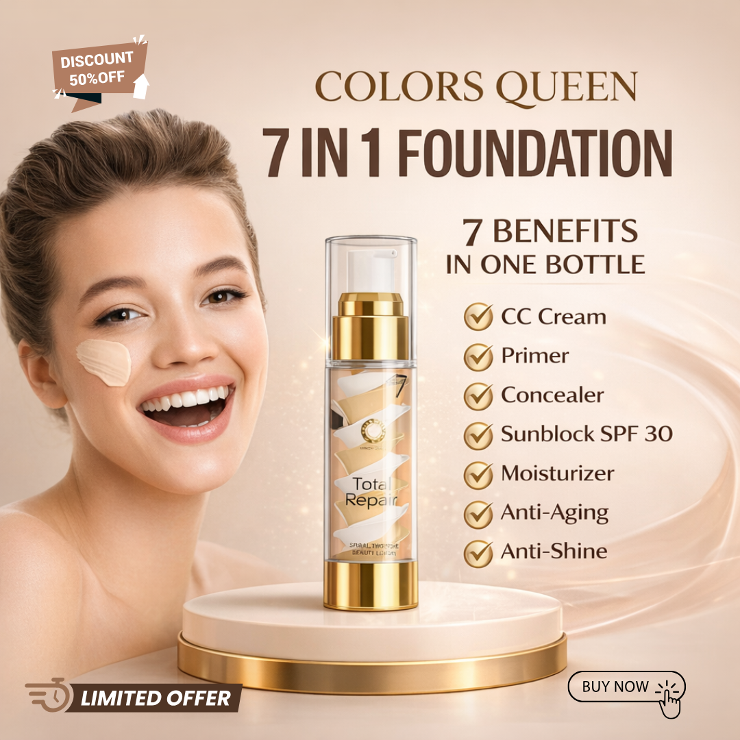 COLORS QUEEN Total Repair 7-in-1 Foundation | CC Cream + Primer + Concealer + Sunblock SPF 30 + Moisturizer + Anti-Aging + Anti-Shine