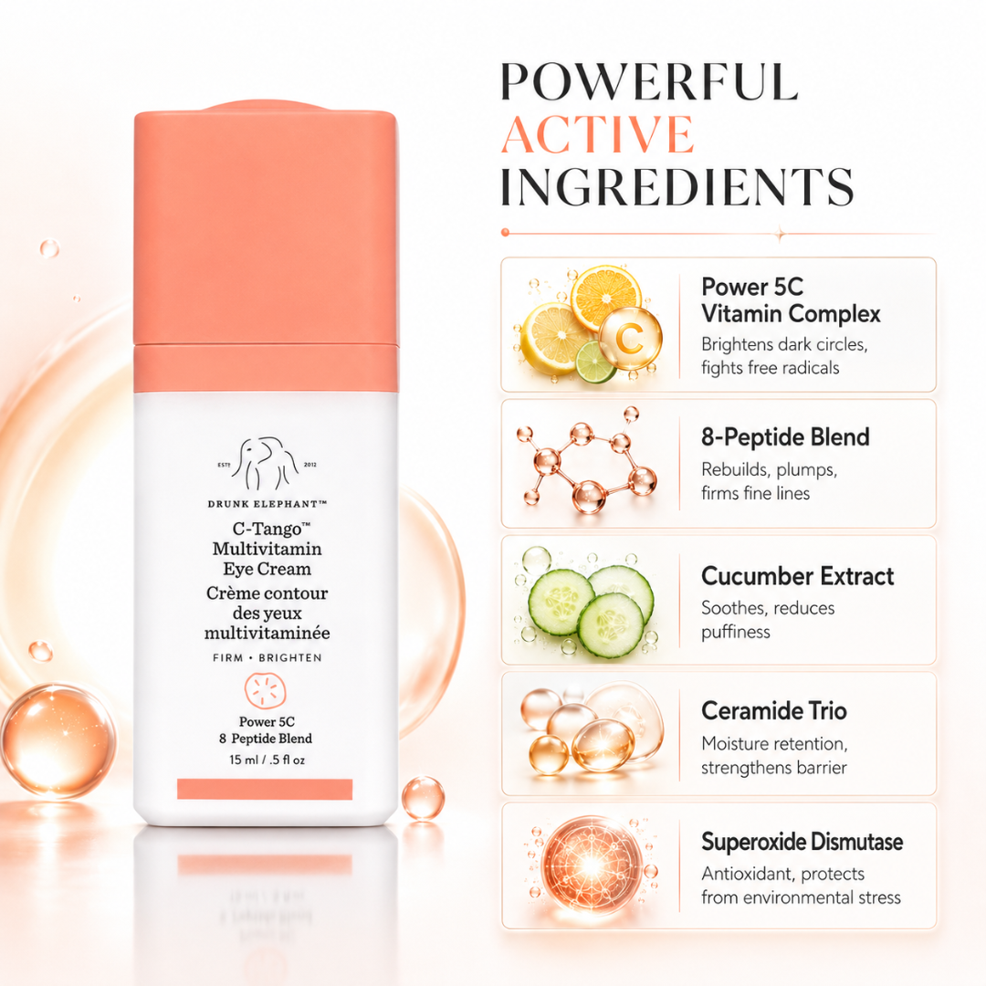 Drunk Elephant C-Tango Multivitamin Eye Cream – Brighten, Firm & Rebuild Your Under-Eyes – With Power 5C Vitamin Complex & 8-Peptide Blend – Reduces Dark Circles, Smooths Fine Lines & Firms Delicate Skin – Clean, Cruelty-Free