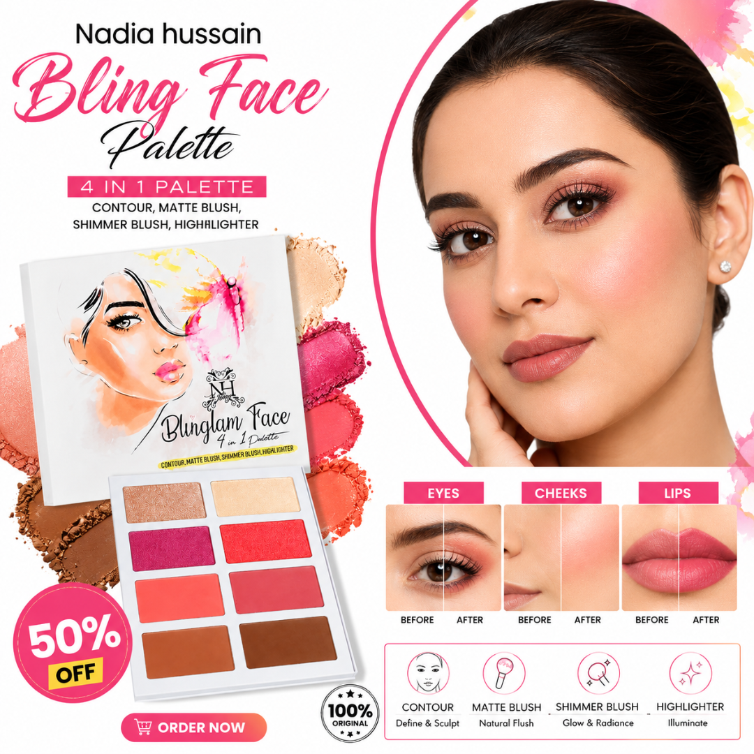 Nadia Hussain Bling Face Palette – 4-in-1 Contour, Matte Blush, Shimmer Blush & Highlighter – One Palette, Endless Glow – Rich Pigment, Soft & Blendable – Multi-Use for Eyes, Cheeks & Lips