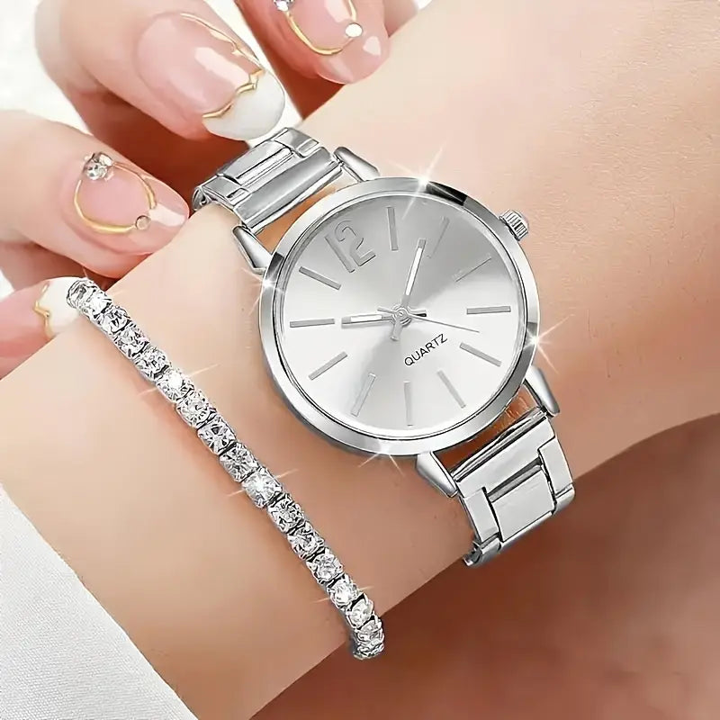 ✨ Elegant 6-Piece Women's Quartz Watch & Jewelry Gift Set ⌚💎 – Minimalist Design with Synthetic Gemstones 💖