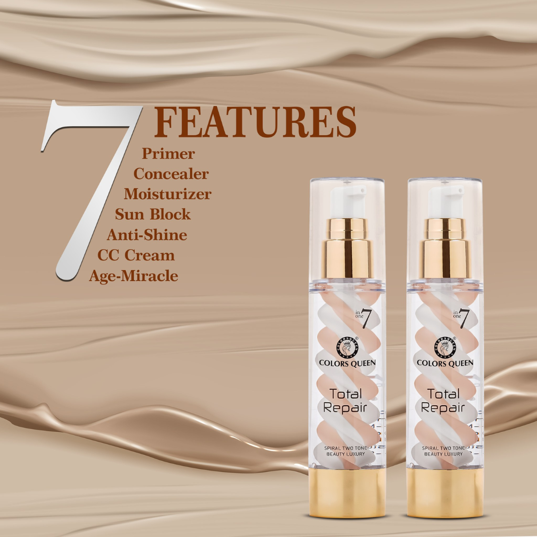 COLORS QUEEN Total Repair 7-in-1 Foundation | CC Cream + Primer + Concealer + Sunblock SPF 30 + Moisturizer + Anti-Aging + Anti-Shine