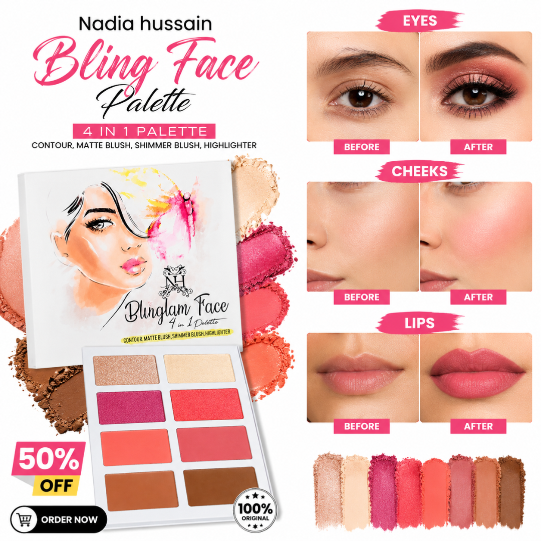 Nadia Hussain Bling Face Palette – 4-in-1 Contour, Matte Blush, Shimmer Blush & Highlighter – One Palette, Endless Glow – Rich Pigment, Soft & Blendable – Multi-Use for Eyes, Cheeks & Lips