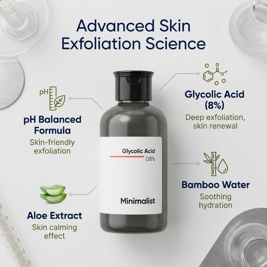 Minimalist 8% Glycolic Acid Exfoliating Toner – Exfoliate, Brighten & Smooth Skin Texture – For Face, Neck, Underarms & Feet – With Bamboo Water & Aloe Extract – Fades Pigmentation, Dark Patches, Dryness & Cracked Heels