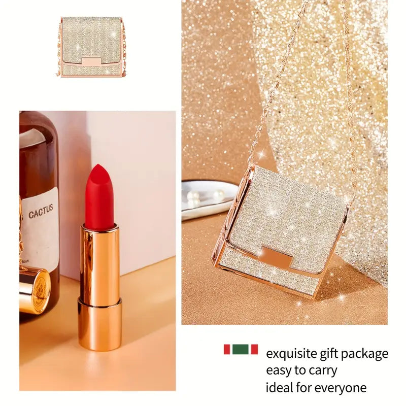 Velvet Texture Matte Lipstick Set - Long Lasting, Waterproof, Smudge Proof, Retractable Red Lipstick with Slivery Chain Bag Package Valentine's Day Gifts