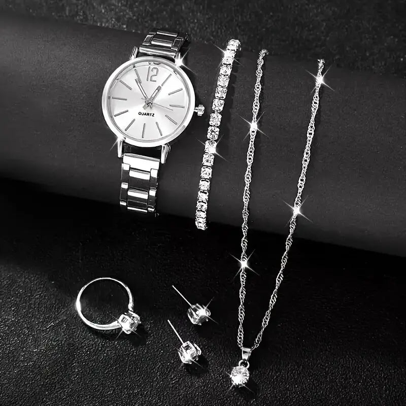 ✨ Elegant 6-Piece Women's Quartz Watch & Jewelry Gift Set ⌚💎 – Minimalist Design with Synthetic Gemstones 💖