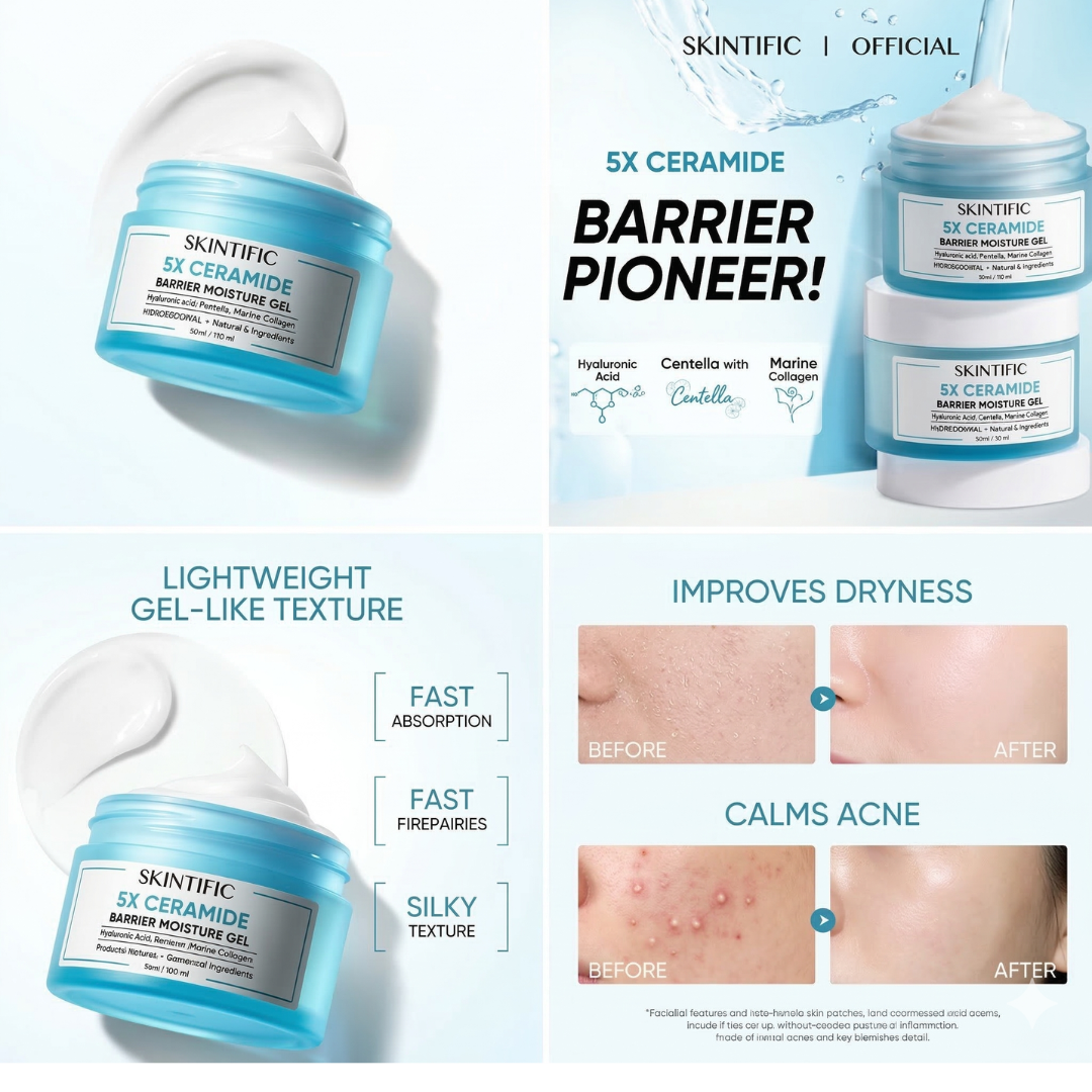 SKINTIFIC 5X Ceramide Barrier Moisture Gel | Lightweight Repairing Moisturizer with Hyaluronic Acid, Centella & Marine Collagen | Soothes Redness, Oil Control & 24H Hydration