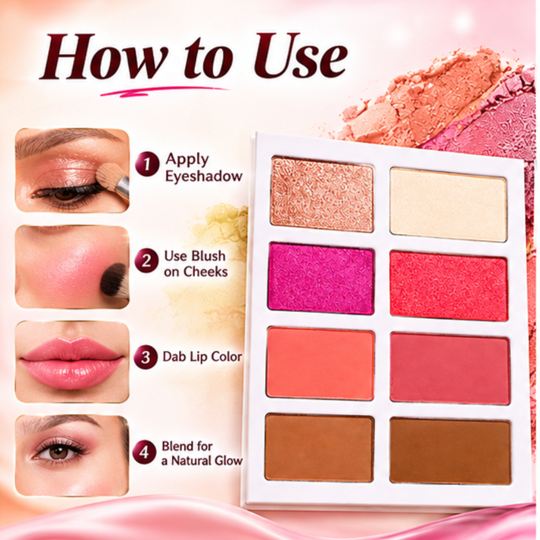 Nadia Hussain Bling Face Palette – 4-in-1 Contour, Matte Blush, Shimmer Blush & Highlighter – One Palette, Endless Glow – Rich Pigment, Soft & Blendable – Multi-Use for Eyes, Cheeks & Lips