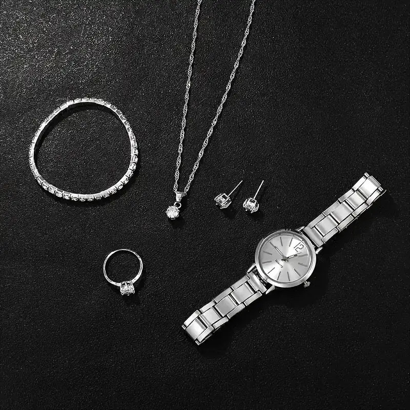✨ Elegant 6-Piece Women's Quartz Watch & Jewelry Gift Set ⌚💎 – Minimalist Design with Synthetic Gemstones 💖