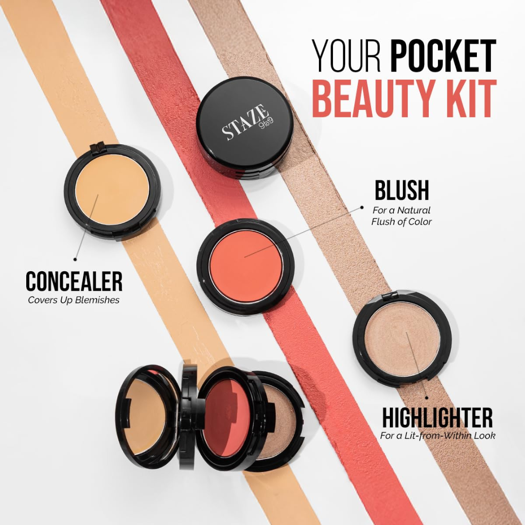 STAZE 3-in-1 Mini Glow Palette | Concealer + Blush + Highlighter | Pocket-Sized All-in-One Makeup Stack