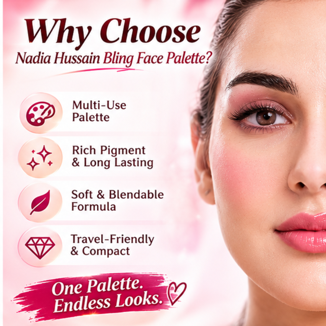 Nadia Hussain Bling Face Palette – 4-in-1 Contour, Matte Blush, Shimmer Blush & Highlighter – One Palette, Endless Glow – Rich Pigment, Soft & Blendable – Multi-Use for Eyes, Cheeks & Lips