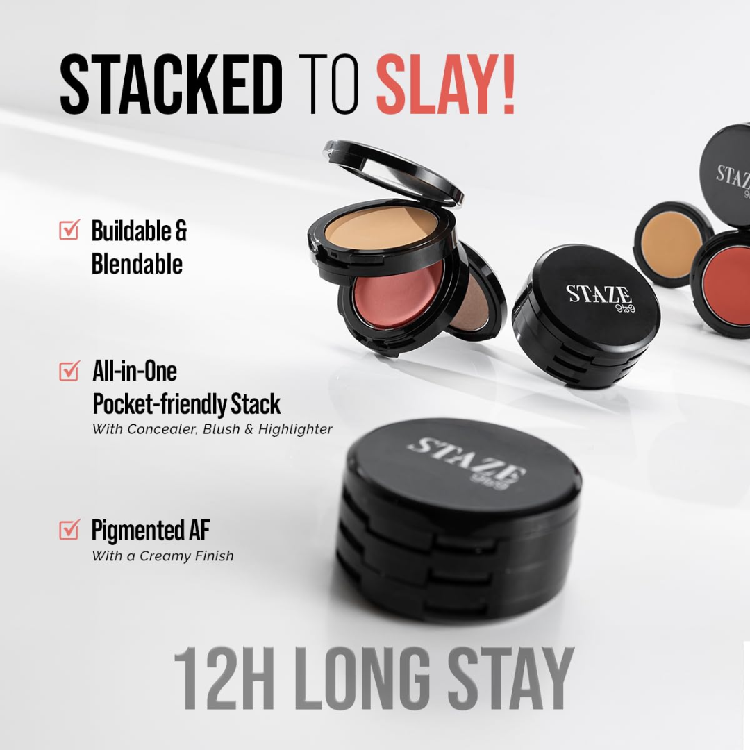 STAZE 3-in-1 Mini Glow Palette | Concealer + Blush + Highlighter | Pocket-Sized All-in-One Makeup Stack