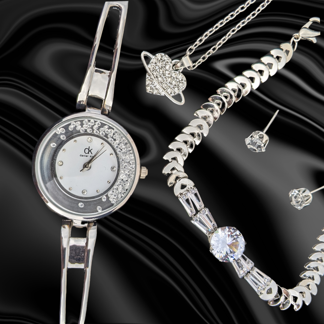 5 PCS Opulent Heartbeat Jewelry Set: Heart Necklace, Rhinestone Bracelet, Earrings & Silver Luxe Watch