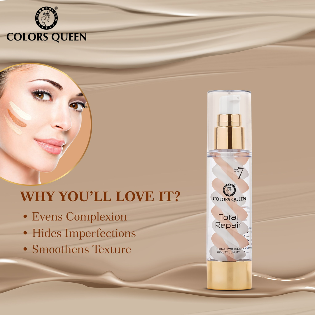 COLORS QUEEN Total Repair 7-in-1 Foundation | CC Cream + Primer + Concealer + Sunblock SPF 30 + Moisturizer + Anti-Aging + Anti-Shine