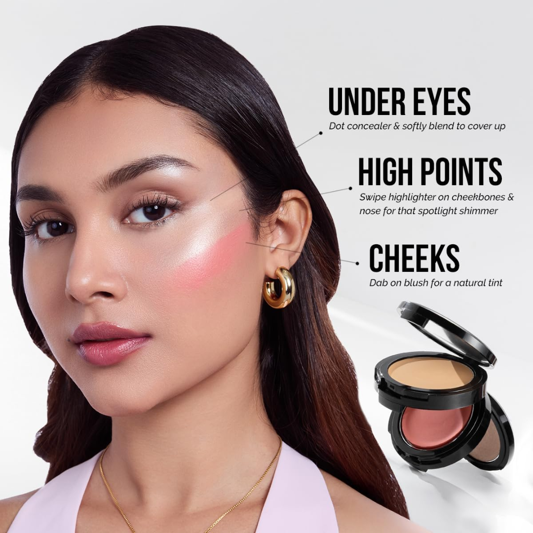 STAZE 3-in-1 Mini Glow Palette | Concealer + Blush + Highlighter | Pocket-Sized All-in-One Makeup Stack