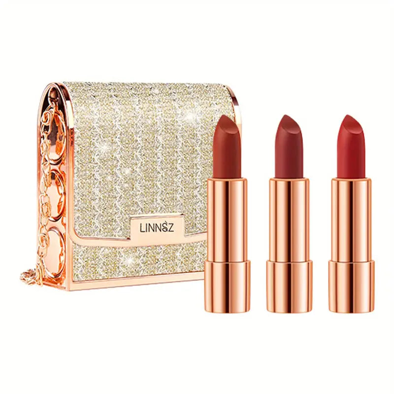 Velvet Texture Matte Lipstick Set - Long Lasting, Waterproof, Smudge Proof, Retractable Red Lipstick with Slivery Chain Bag Package Valentine's Day Gifts